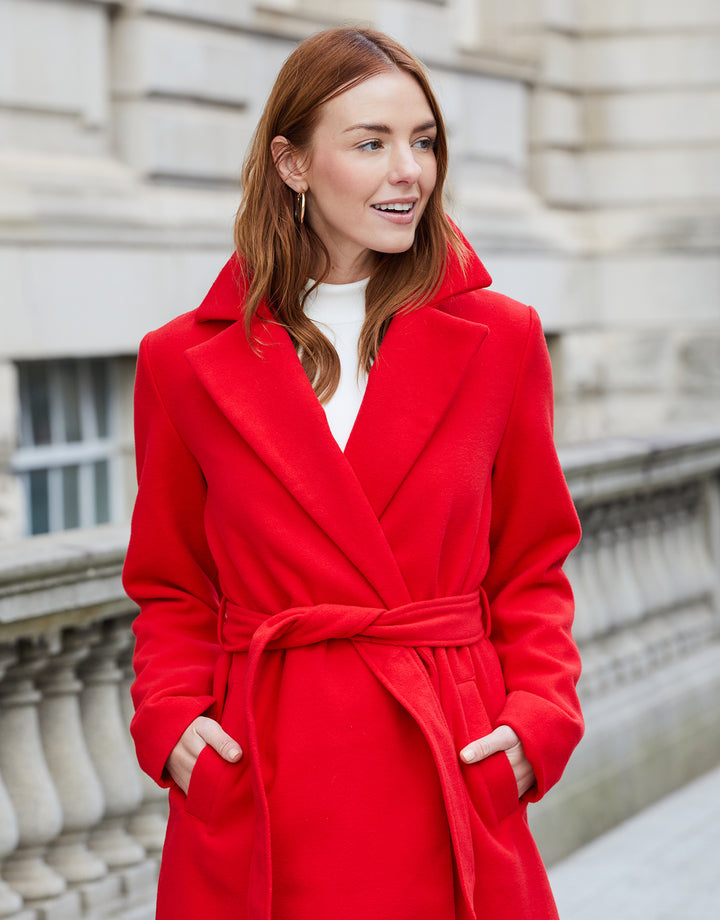 Red Collared Belted Formal Coat