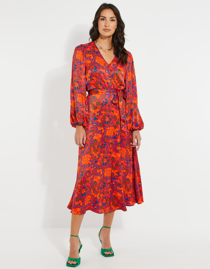 Red Satin Abstract Animal Print Midi Dress