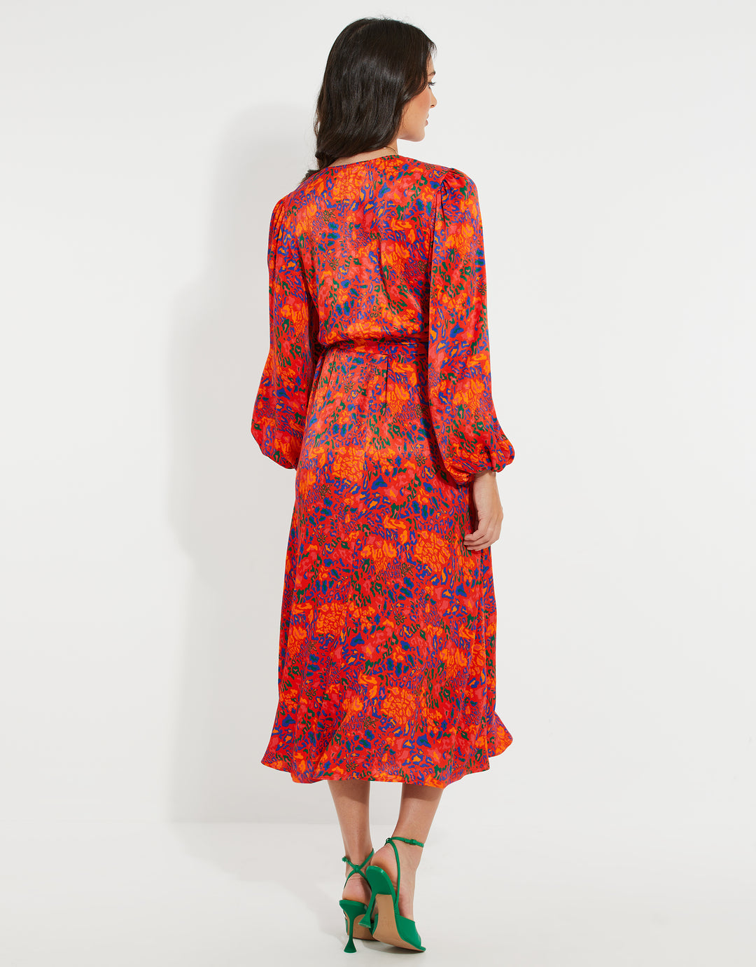 Red Satin Abstract Animal Print Midi Dress