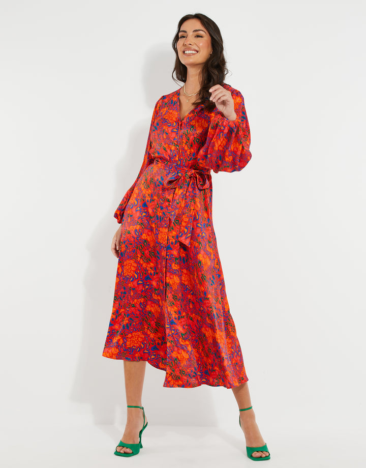 Red Satin Abstract Animal Print Midi Dress