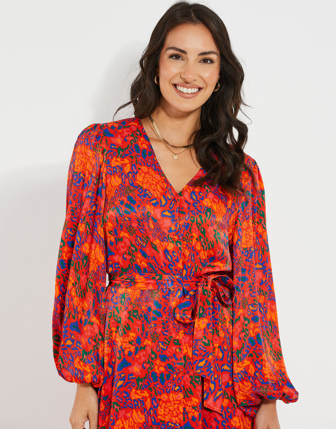 Red Satin Abstract Animal Print Midi Dress