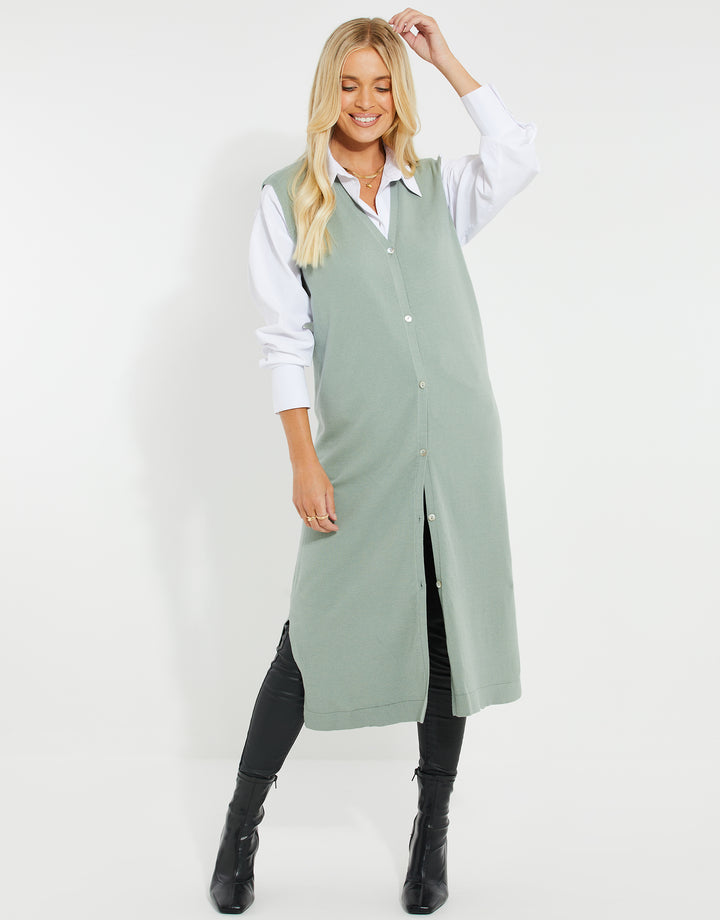 Sage Green Button Down Knitted Sleeveless Cardigan