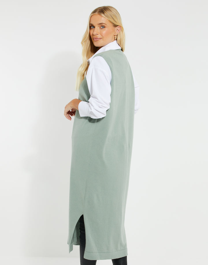 Sage Green Button Down Knitted Sleeveless Cardigan