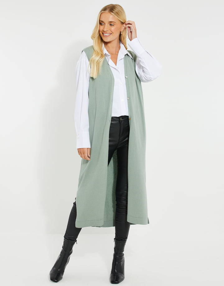 Sage Green Button Down Knitted Sleeveless Cardigan