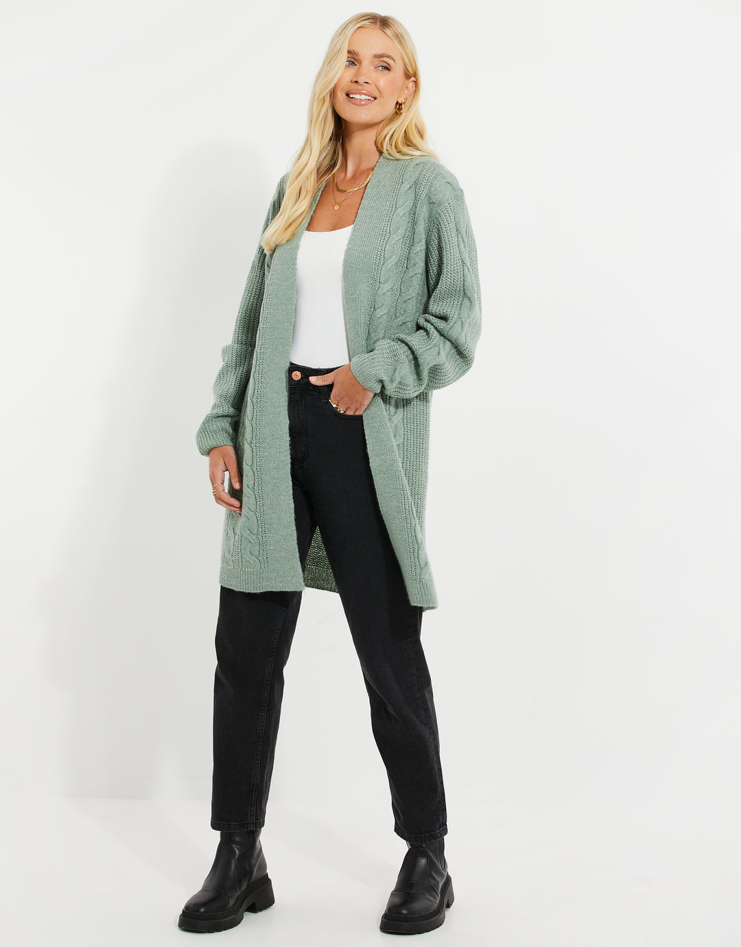 Sage Green Cable Knit Cardigan