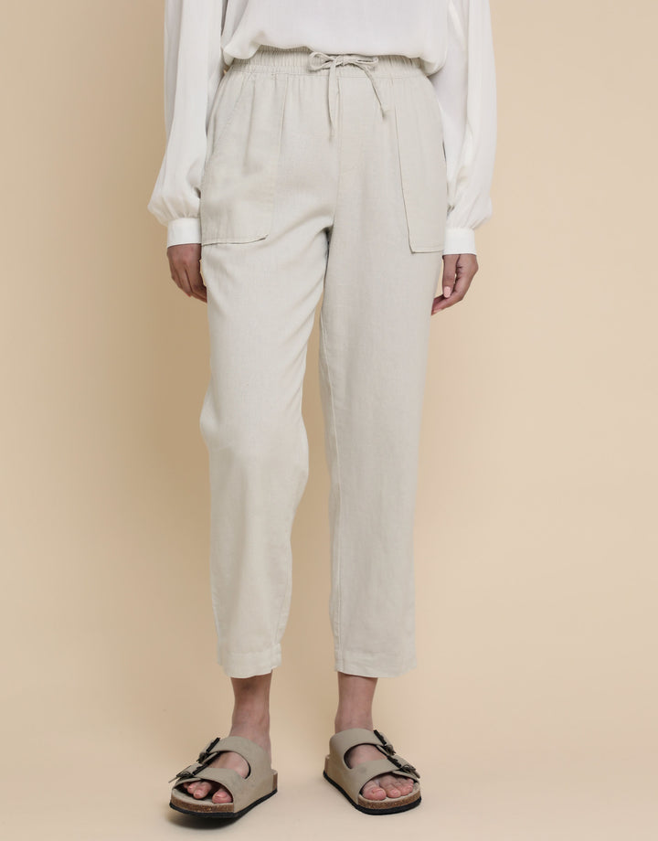 Stone Linen Blend Drawstring Trousers