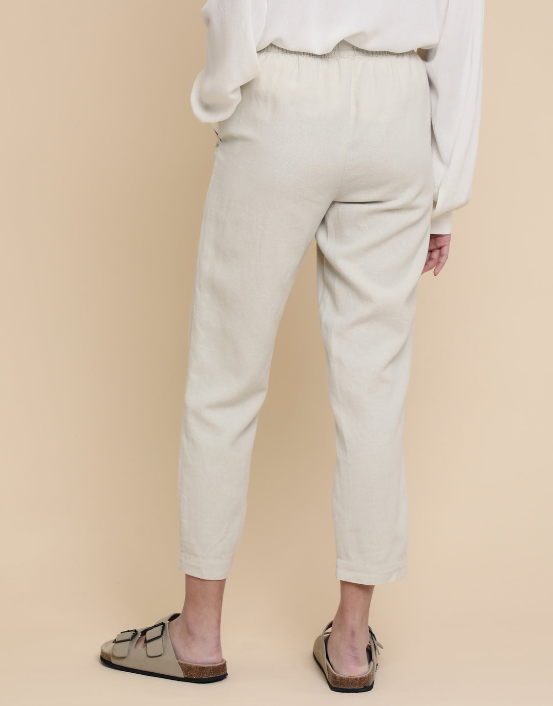 Stone Linen Blend Drawstring Trousers