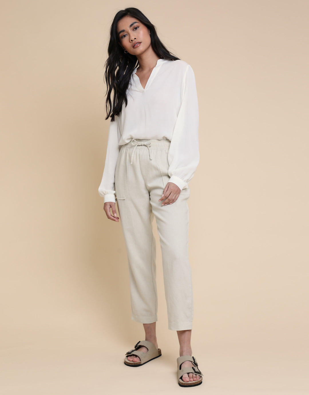 Stone Linen Blend Drawstring Trousers
