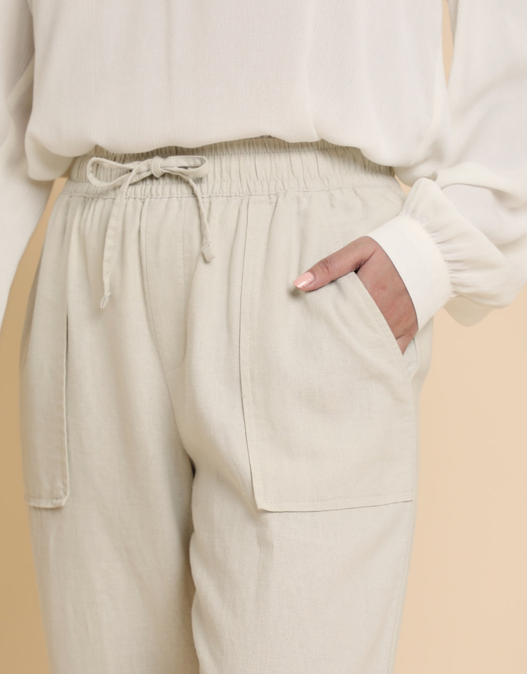Stone Linen Blend Drawstring Trousers