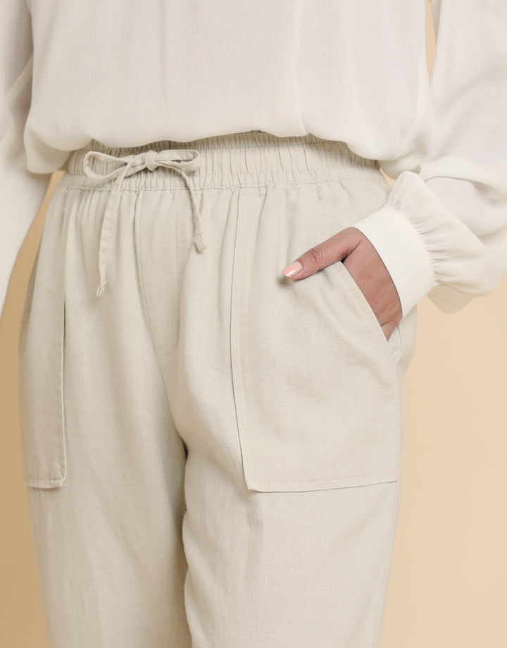 Stone Linen Blend Drawstring Trousers