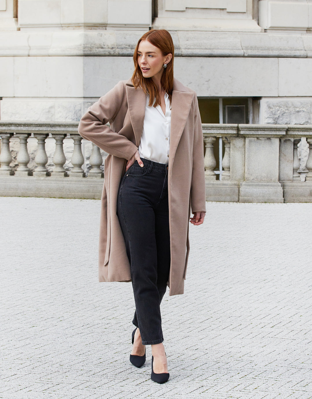 Camel Brown Collared Belted Formal Coat