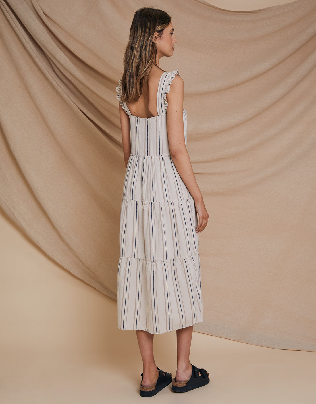 Women's Stone Stripe Linen Blend Tiered Midi Dress with Flutter Strap