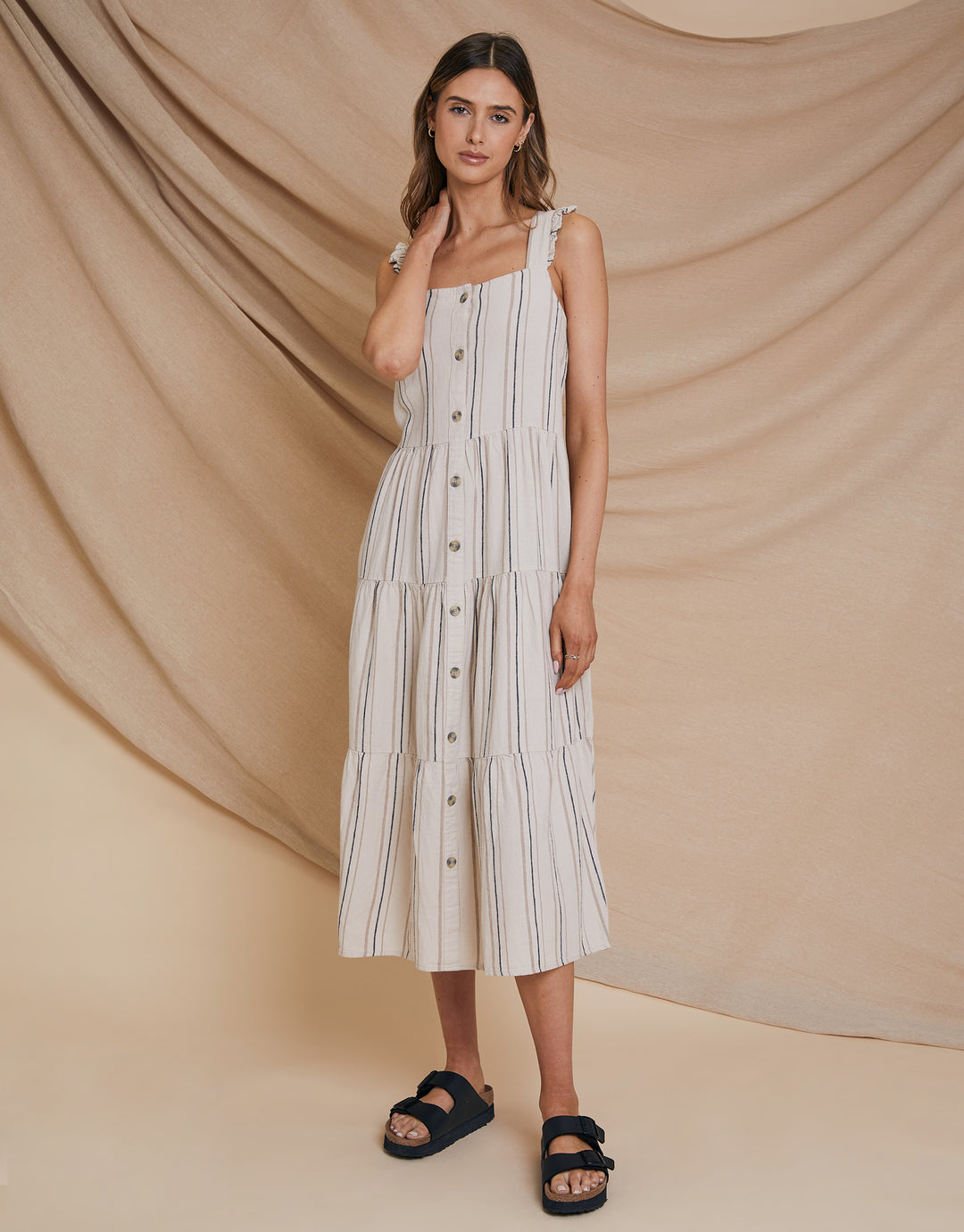 chinese dress ladies Threadbare Women's Stone Stripe Linen Blend Tiered Button Down Midi Dress  with Flutter Straps