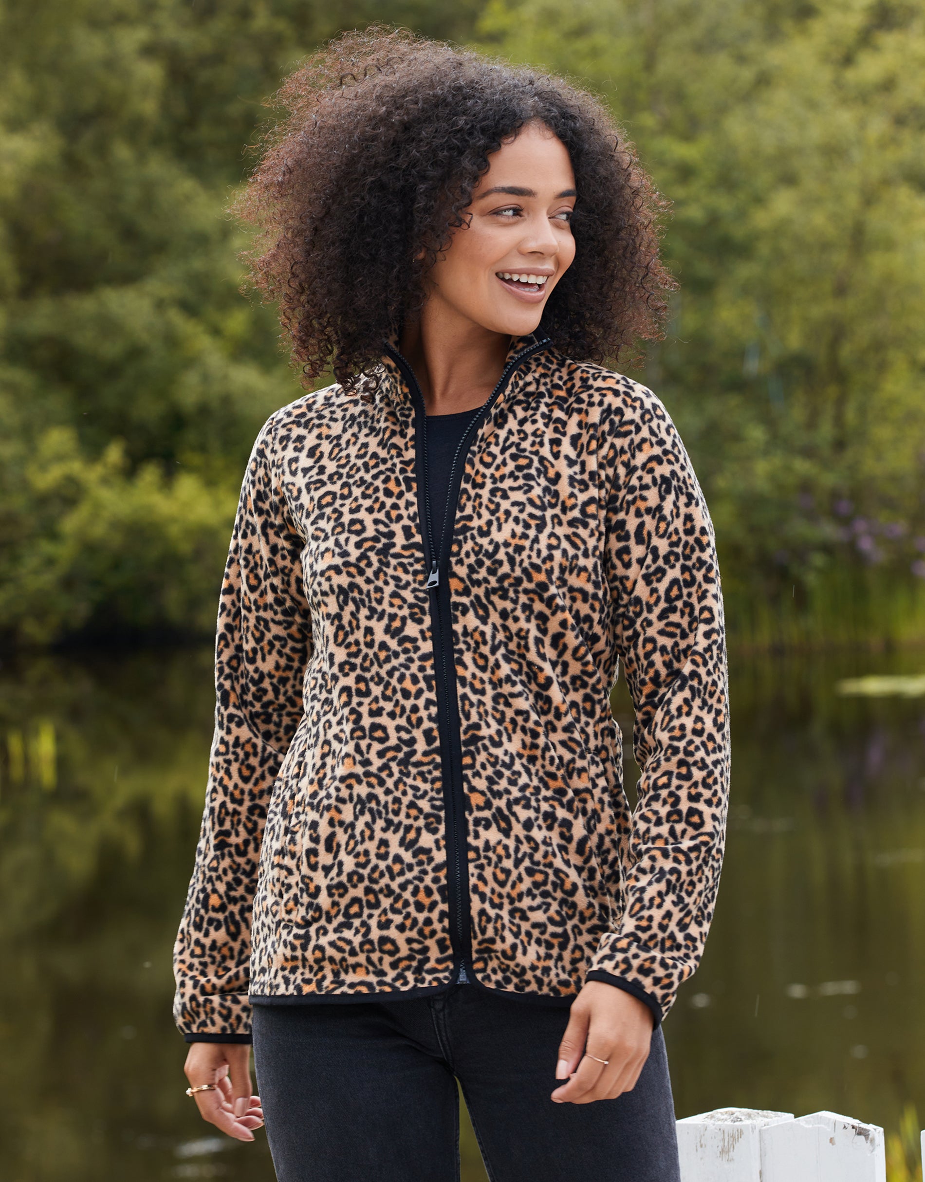 Threadbare Women's Tan Leopard Print Zip-Through Funnel Neck