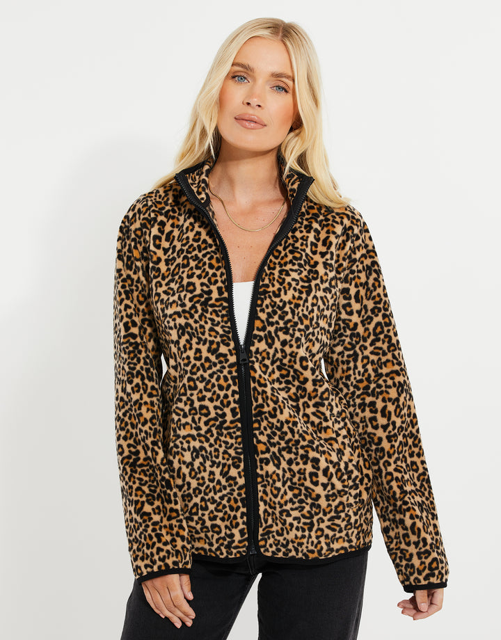 Tan Brown Leopard Print Zip-Through Fleece