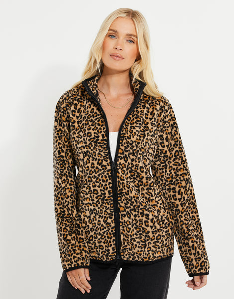 Women's Tan Leopard Print Zip-Through Funnel Neck Fleece Ladies' Jacket ...