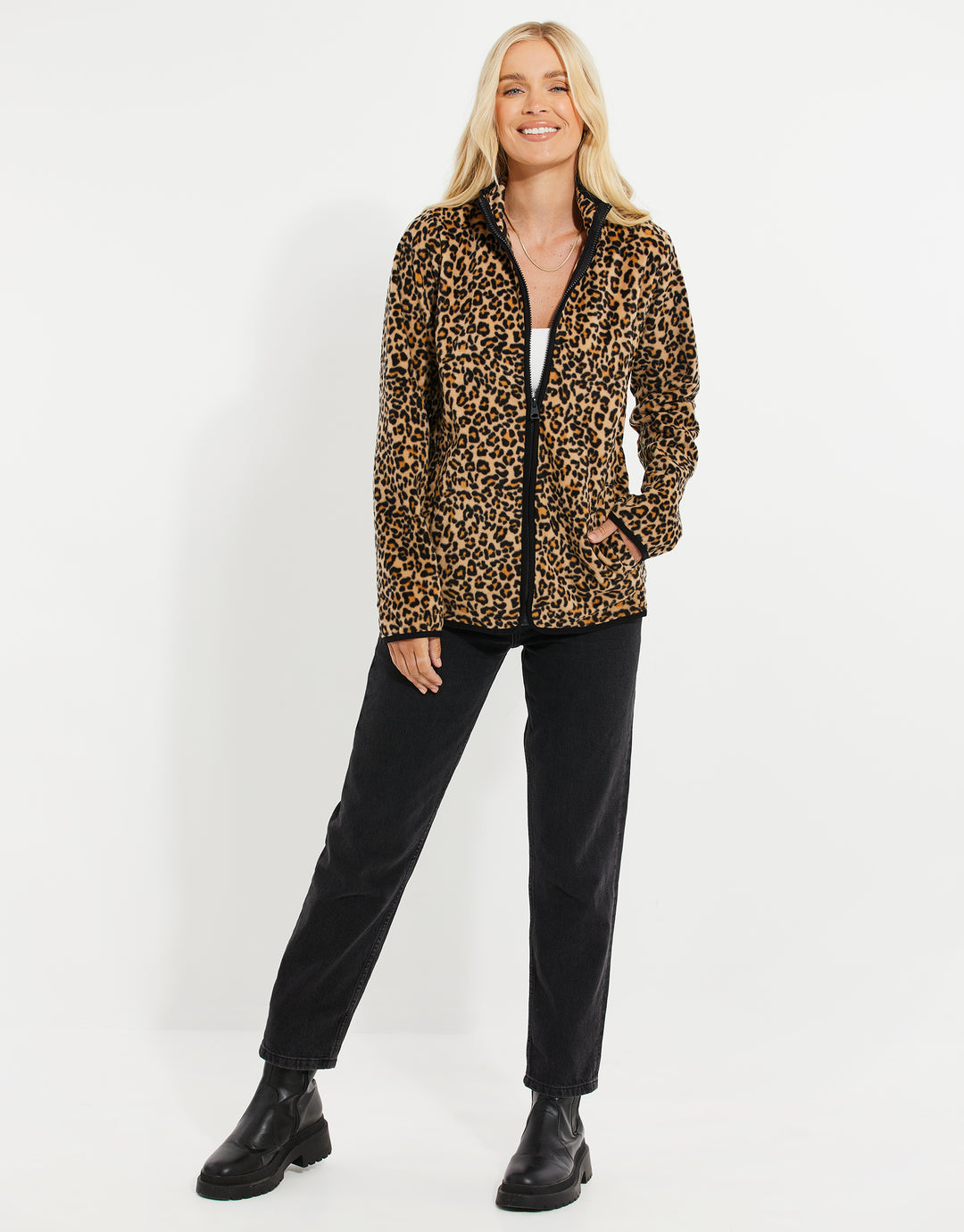 Tan Brown Leopard Print Zip-Through Fleece