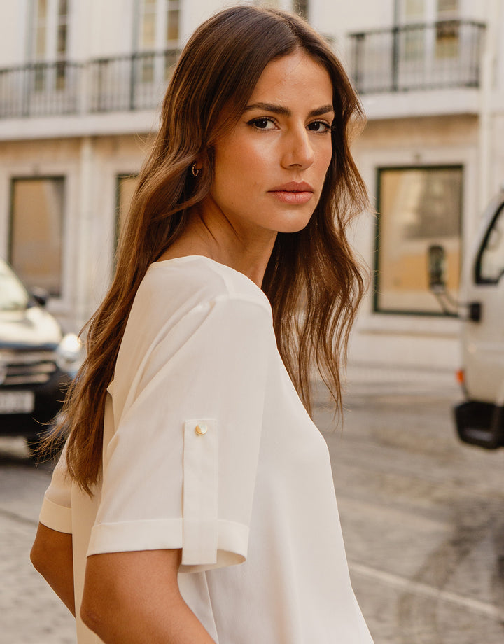 Ivory Short Roll Sleeve T-Shirt Blouse