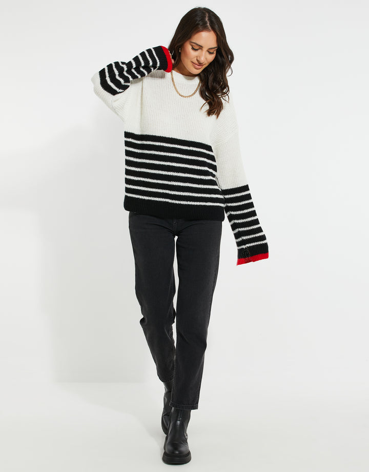 White Striped Wide Cuffed Jumper