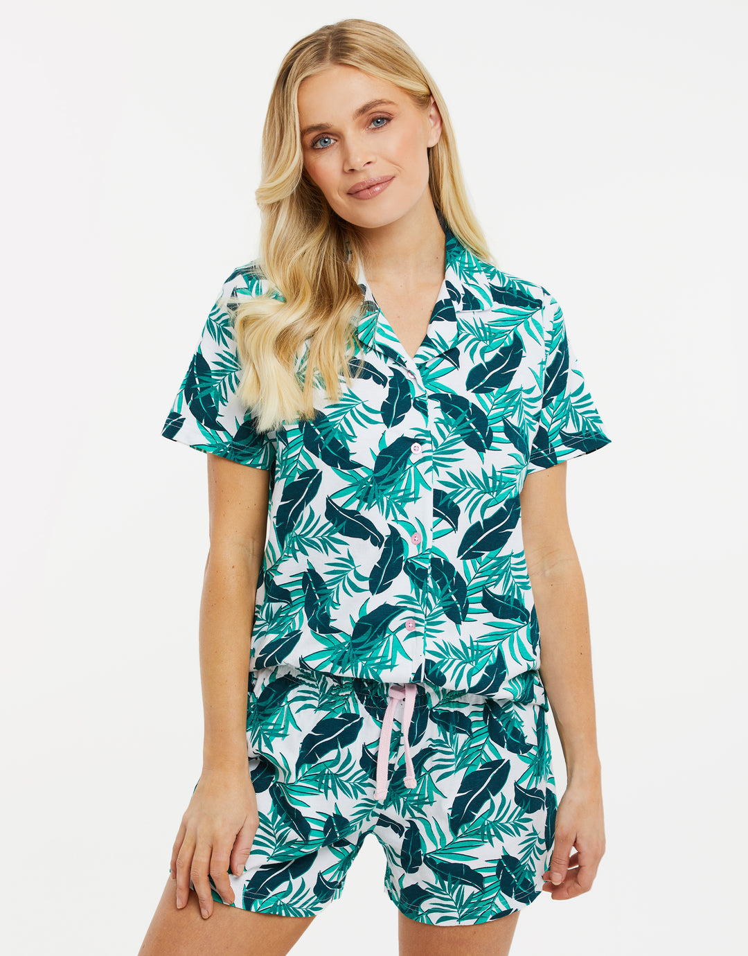 White Tropical Palm Print Short Pyjamas (2-Piece Set)