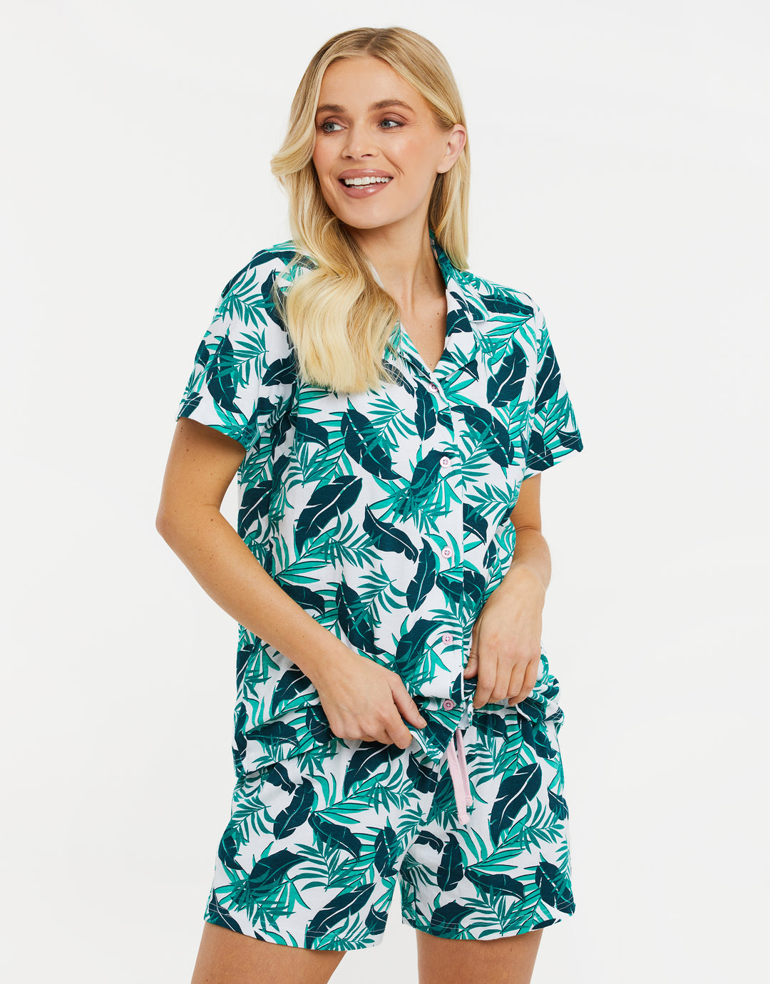 White Tropical Palm Print Short Pyjamas (2-Piece Set)